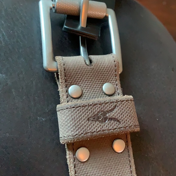 Allsaints textured leather 1 1/2”W US 42knurled roller buckle an embossed logo